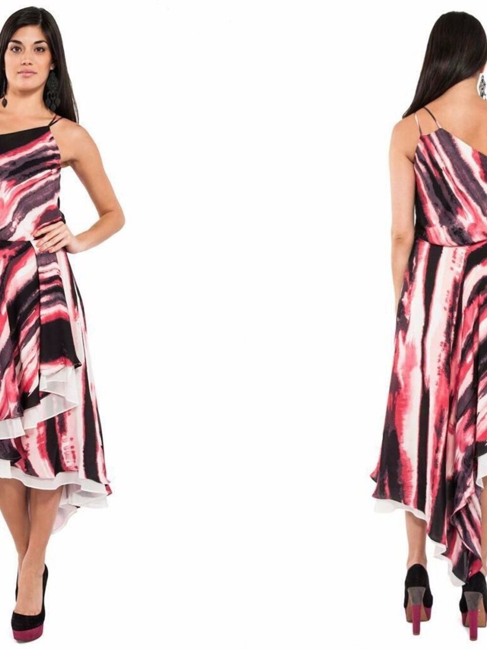 Halston Heritage One Shoulder Blouson Dress Poppy Watercolor Silk Hi Low NWT